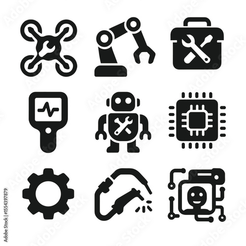 Robotic Maintenance Icons. Solid, filled icons set of robotic maintenance crews: repair drone, robotic arm,
