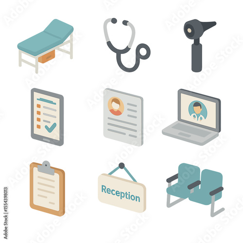 Clinic Operations Icons. Isometric Flat icon set of outpatient clinic operations: exam table, stethoscope, otoscope, appointment