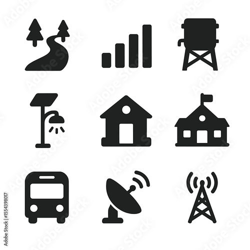Rural Connectivity Icons. Solid, filled icons set of rural connectivity: dirt road, cell signal, water tank,