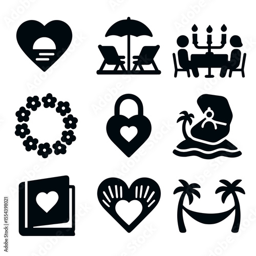 Romantic Island Icons. Solid, filled icons set of romantic island getaways: heart-shaped sunset, couple lounge