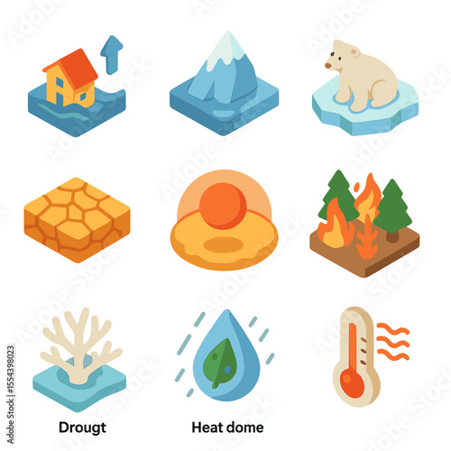 Climate Change Icons. Isometric Flat icon set of climate change effects: rising sea level icon, melting glacier, polar bear on ice