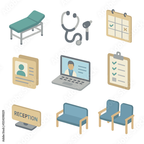 Clinic Operations Icons. Isometric Flat icon set of outpatient clinic operations: exam table, stethoscope, otoscope, appointment