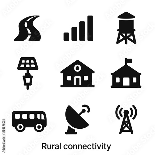 Rural Connectivity Icons. Solid, filled icons set of rural connectivity: dirt road, cell signal, water tank,