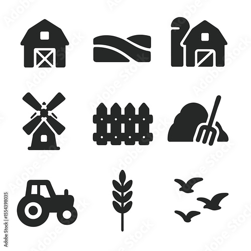Rural Landscape Icons. Solid, filled icons set of rural landscapes: barn icon, rolling hills, silo structure,