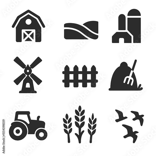 Rural Landscape Icons. Solid, filled icons set of rural landscapes: barn icon, rolling hills, silo structure,
