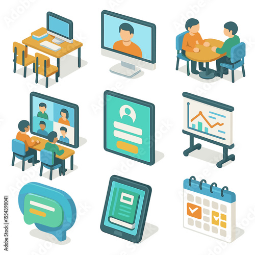 Blended Learning Icons. Isometric Flat icon set of Blended Learning Environments: classroom with desktop and online screen, video