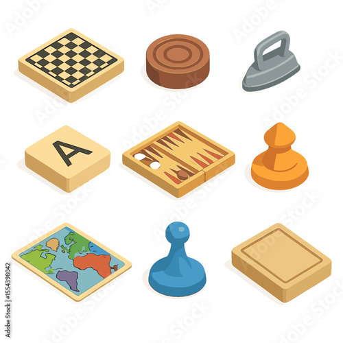 Board Game Icons. Isometric Flat icon set of classic board games: chessboard, checker piece, monopoly token, scrabble tile,