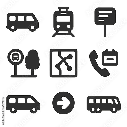 Rural Transit Icons. Solid, filled icons set of rural and regional transit: minibus, regional rail, timetable