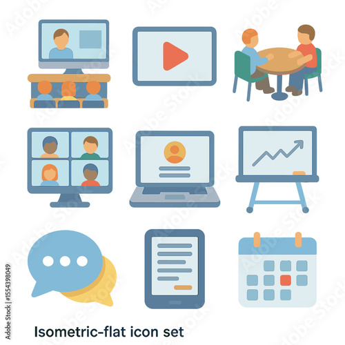 Blended Learning Icons. Isometric Flat icon set of Blended Learning Environments: classroom with desktop and online screen, video
