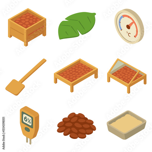 Cocoa Fermentation Icons. Isometric Flat icon set of Cocoa Bean Fermentation and Drying: fermentation box, banana leaf cover,
