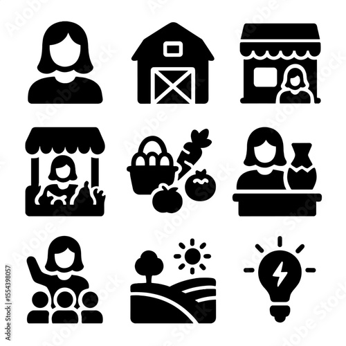 Rural Women Entrepreneurs Icons. Solid, filled icons set of women entrepreneurs in rural areas: woman icon,