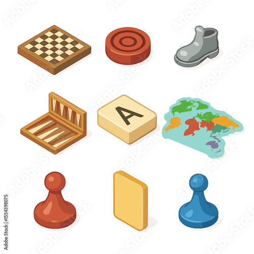 Board Game Icons. Isometric Flat icon set of classic board games: chessboard, checker piece, monopoly token, scrabble tile,
