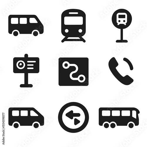 Rural Transit Icons. Solid, filled icons set of rural and regional transit: minibus, regional rail, timetable