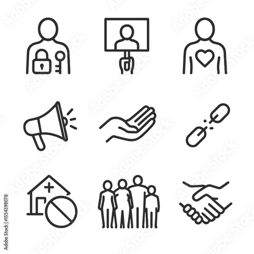 Body Autonomy Icons. Outline icon set of body autonomy rallies: body outline with lock and key, protest sign “My Body”, heart