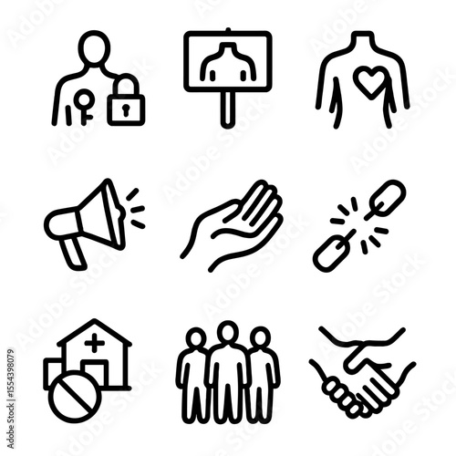 Body Autonomy Icons. Outline icon set of body autonomy rallies: body outline with lock and key, protest sign “My Body”, heart