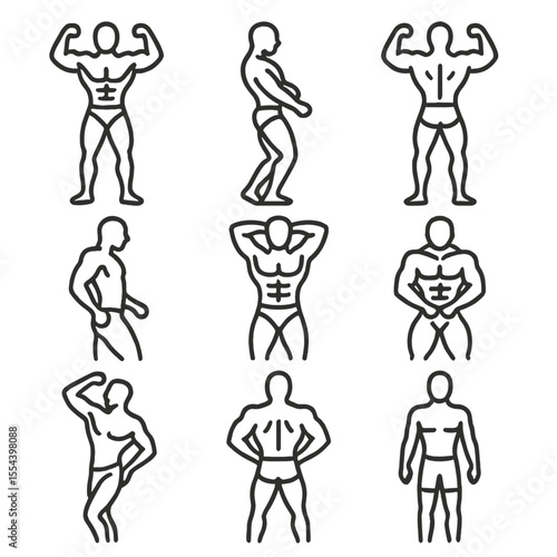Bodybuilding Pose Icons. Outline icon set of bodybuilding poses: front double biceps, side chest, back double biceps, side triceps