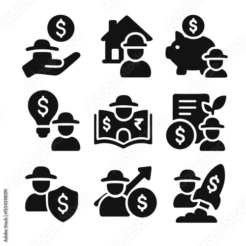 Rural Women Finance Icons. Solid, filled icons set of financial support for rural women: funding hand, small