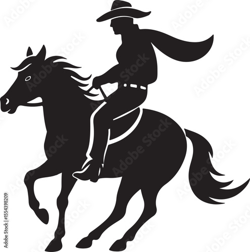 cowboy riding a running horse silhouette, black and white silhouette, vector and illustration