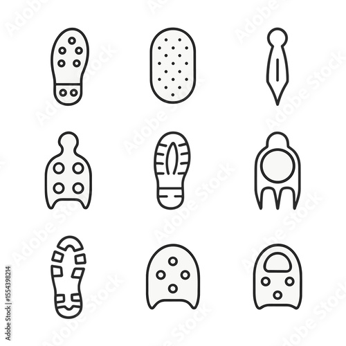 Boot Traction Icons. Outline icon set of boot traction enhancements: studded sole, non-slip pad, traction spike, rubber tread,