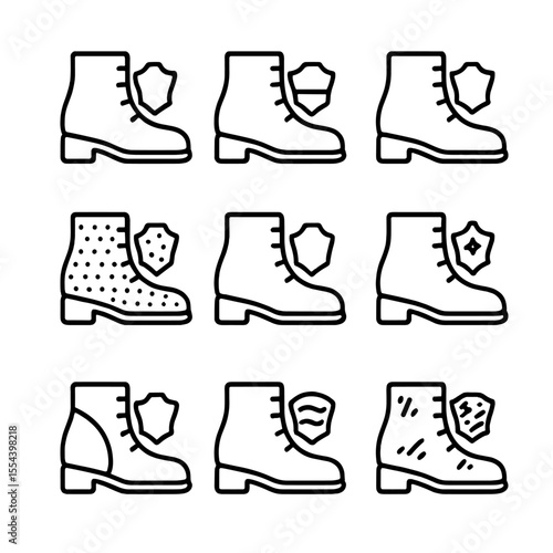 Boot Leather Icons. Outline icon set of boot leather types: full-grain leather, top-grain leather, suede, nubuck, faux leather,