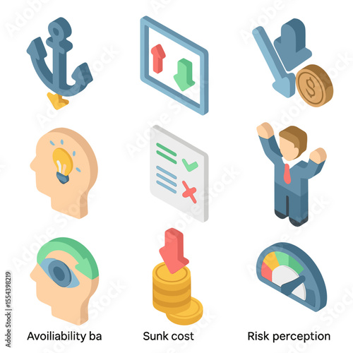 Cognitive Bias Icons Set. Isometric Flat icon set of cognitive biases in decisions: anchoring bias icon, framing effect icon, loss