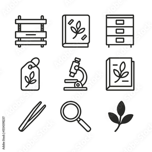 Botanical Icon Set. Outline icon set of botanical specimen preservation: plant press, dried herb sheet, herbarium cabinet, label