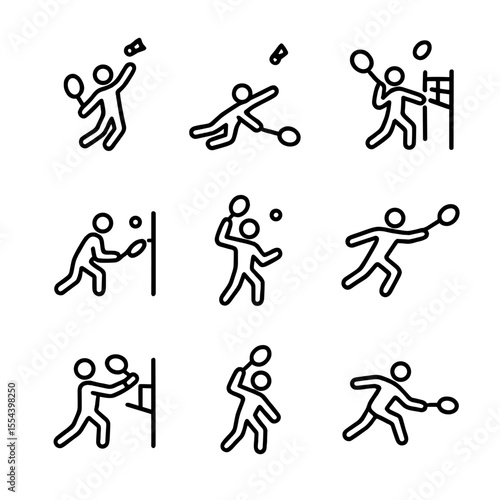 Advanced Player Icon Set. Outline icon set of Advanced Player Actions: jump smash, dive save, net kill, defensive drive, flick