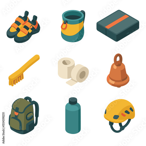 Bouldering Gear Icons. Isometric Flat icon set of bouldering gear: climbing shoes, chalk bag, crash pad, brush, athletic tape,