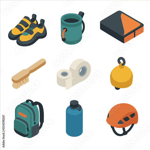 Bouldering Gear Icons. Isometric Flat icon set of bouldering gear: climbing shoes, chalk bag, crash pad, brush, athletic tape,