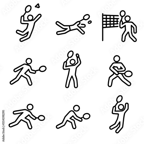 Advanced Player Icon Set. Outline icon set of Advanced Player Actions: jump smash, dive save, net kill, defensive drive, flick