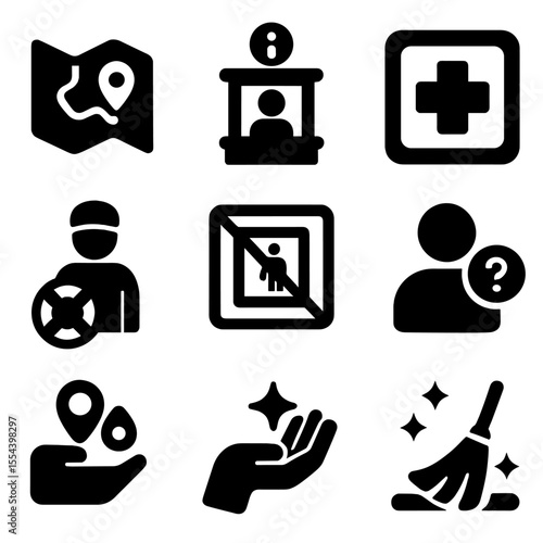 Safety Icons Grid. Solid, filled icons set of safety and guest services: park map, info booth, first aid icon,