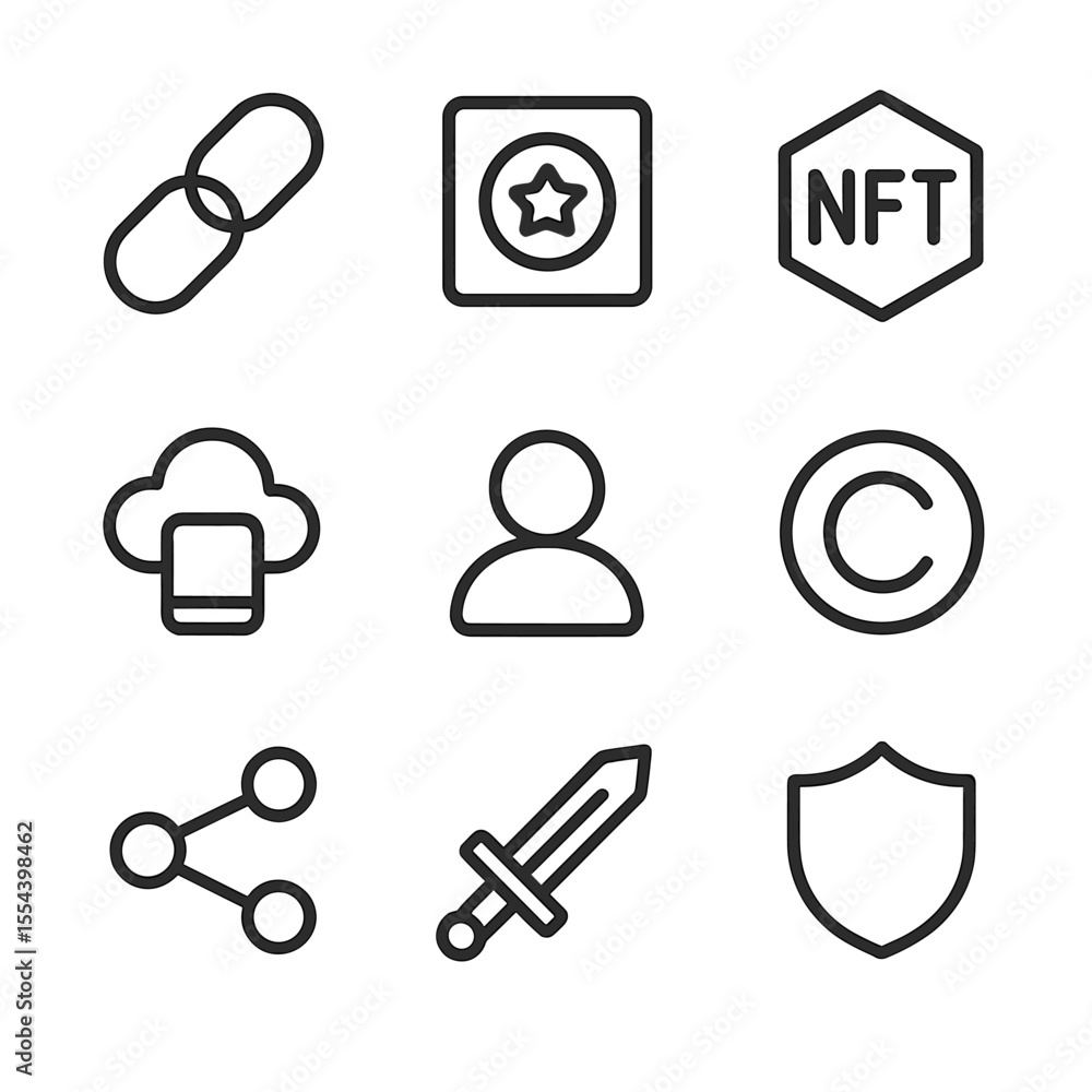 Fototapeta premium AI Art Ownership Icons. Outline icon set of AI art ownership debates: chain link, token, NFT, cloud storage, user profile,
