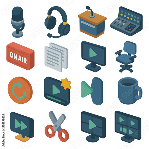 Isometric Broadcast Icons. Isometric Flat icon set of live commentary studio: microphone, headphones, commentator desk, sound