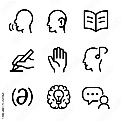 Communication Icons Grid. Outline icon set of modalities of communication processing: speech production, speech comprehension,