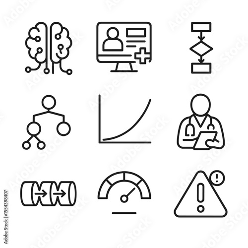 AI Clinical Icons Grid. Outline icon set of AI-driven clinical decision support: AI brain with circuits, patient EHR screen,