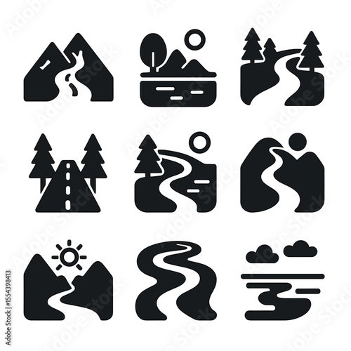 Scenic Route Icons. Solid, filled icons set of scenic routes and views: mountain pass, lake stop, river bend,
