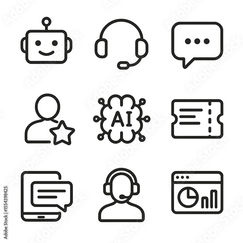 AI Customer Service Icons. Outline icon set of AI-driven Customer Service: chatbot, headset, speech bubble, user rating star, AI