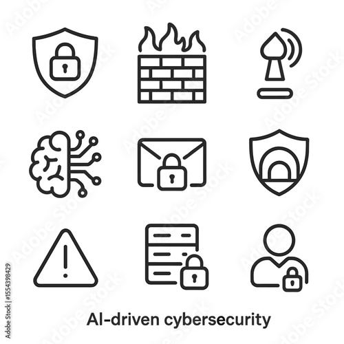 AI Cybersecurity Icons. Outline icon set of AI-driven Cybersecurity: shield lock, firewall, intrusion detection sensor, AI brain,