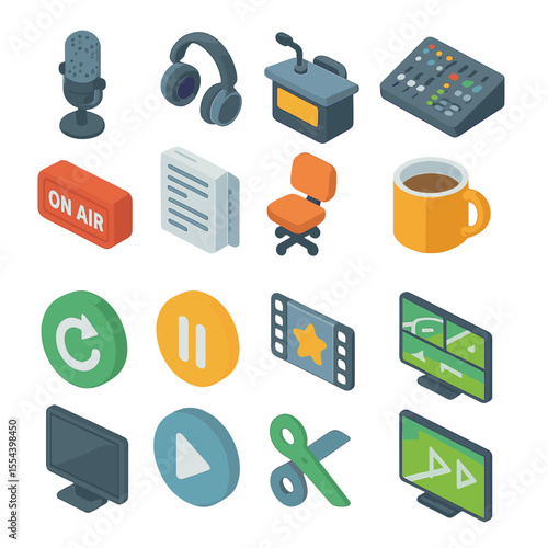 Isometric Broadcast Icons. Isometric Flat icon set of live commentary studio: microphone, headphones, commentator desk, sound
