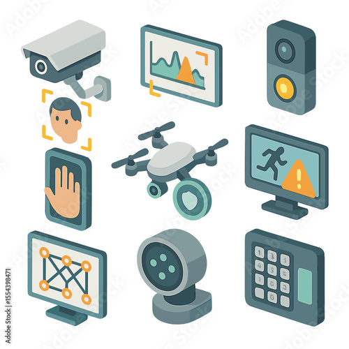 AI Security Icon Set. Isometric Flat icon set of AI in security and surveillance: facial recognition camera, anomaly detection