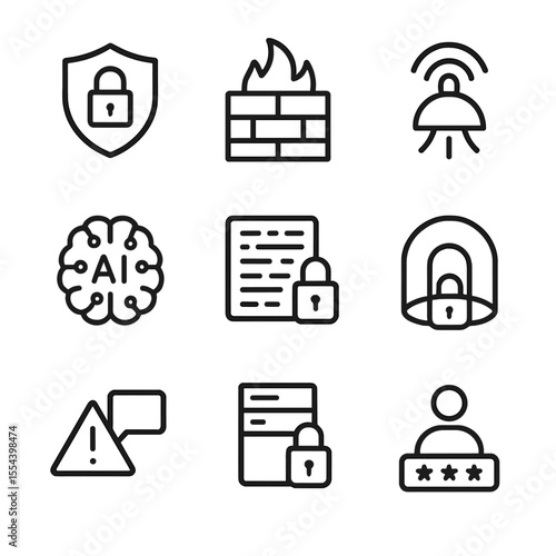 AI Cybersecurity Icons. Outline icon set of AI-driven Cybersecurity: shield lock, firewall, intrusion detection sensor, AI brain,