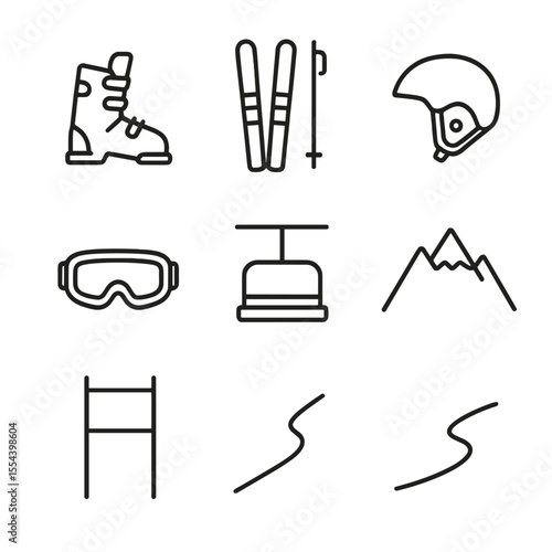 Alpine Skiing Icon Set. Outline icon set of Alpine skiing: ski boots, skis, ski poles, ski helmet, ski goggles, ski lift chair,