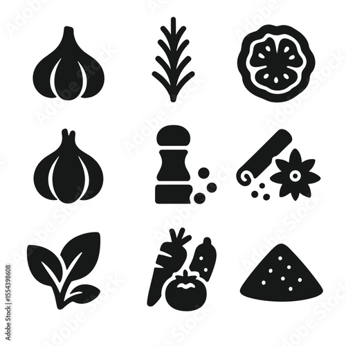 Seasonal Flavor Icons. Solid, filled icons set of seasonal flavors: roasted garlic, fresh rosemary, sun-dried