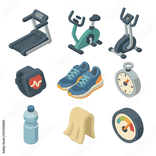 Cardio Equipment Icons. Isometric Flat icon set of cardiovascular training: treadmill, stationary bike, elliptical machine, heart