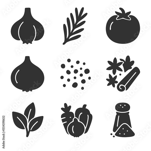 Seasonal Flavor Icons. Solid, filled icons set of seasonal flavors: roasted garlic, fresh rosemary, sun-dried