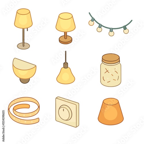Ambient Lighting Icons. Isometric Flat icon set of ambient lighting fixtures: floor lamp, table lamp, string lights, wall sconce,