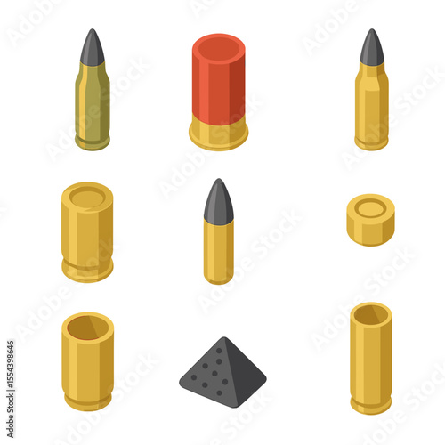 Ammunition Icons Grid. Isometric Flat icon set of ammunition shells: artillery shell, shotgun shell, rifle cartridge, pistol