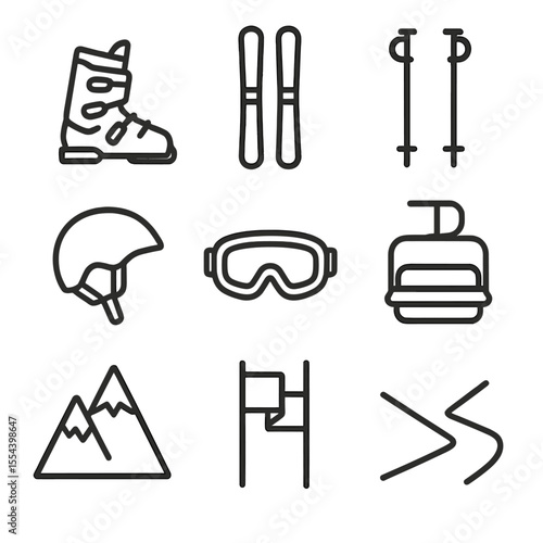 Alpine Skiing Icon Set. Outline icon set of Alpine skiing: ski boots, skis, ski poles, ski helmet, ski goggles, ski lift chair,