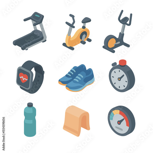 Cardio Equipment Icons. Isometric Flat icon set of cardiovascular training: treadmill, stationary bike, elliptical machine, heart