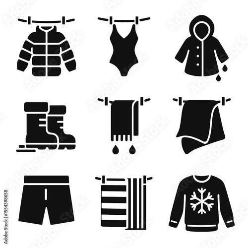 Seasonal Laundry Icons. Solid, filled icons set of seasonal laundry tasks: winter jacket drying, summer